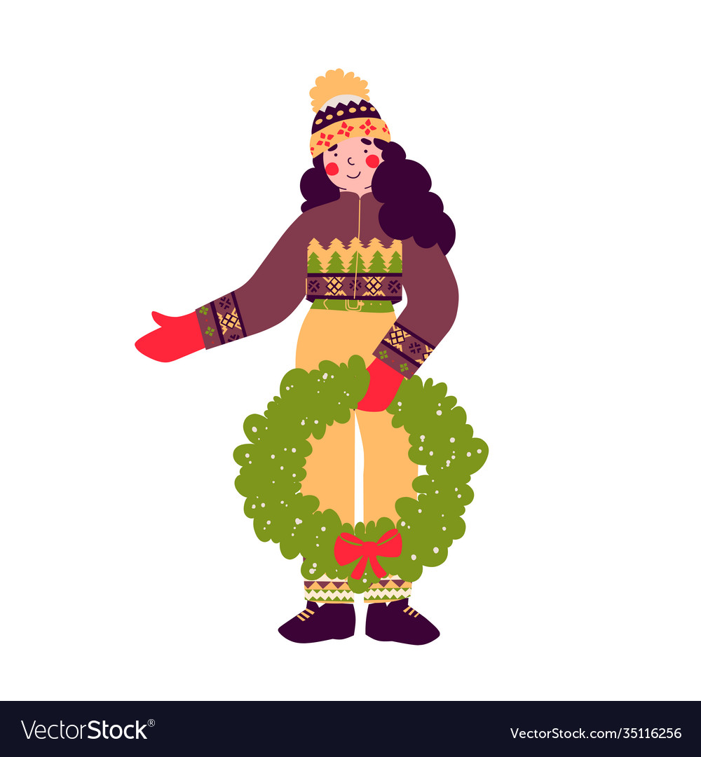 Weihnachtskranz Verkauf Cartoon Mädchen Winter vector image Weihnachtskranz Verkauf Cartoon Mädchen Winter