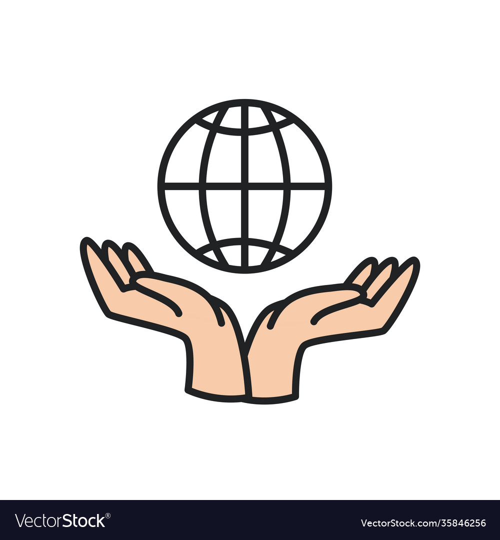 Global sphere over hands line and fill style icon