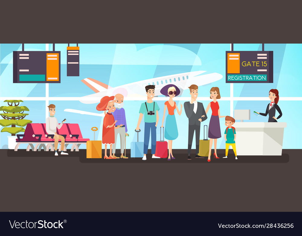 People in flight registration line flat Royalty Free Vector