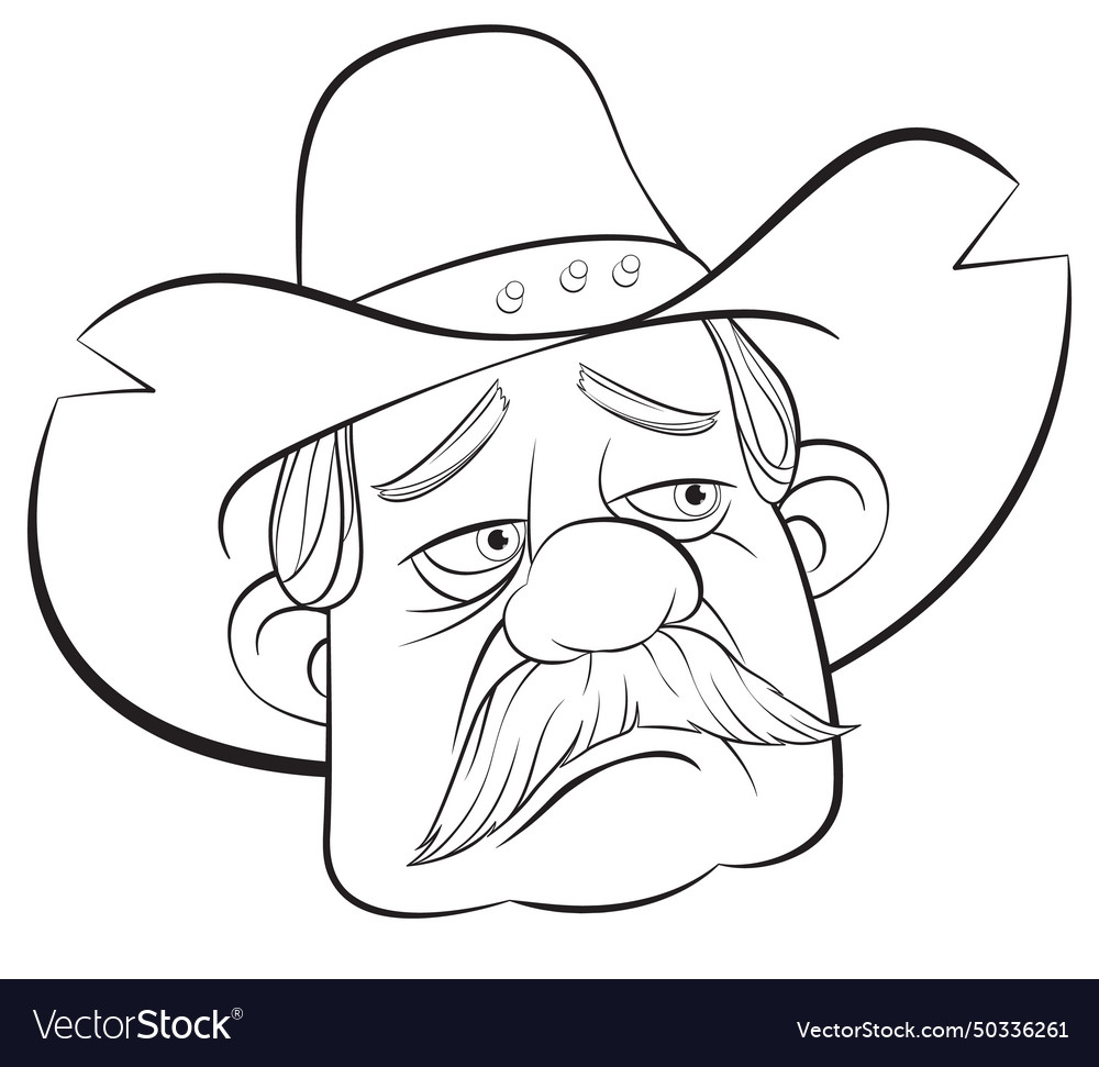 Black and white drawing of a sad cowboy face