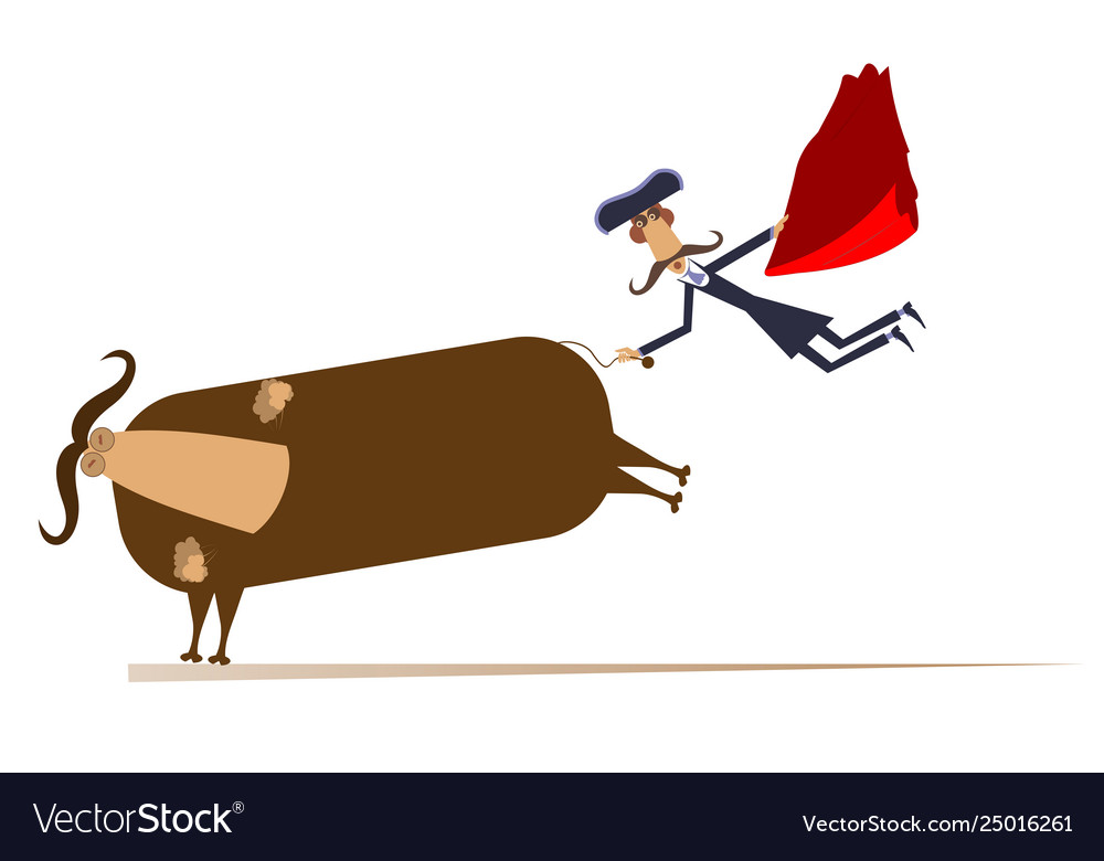 Cartoon bullfighter and a bull isolated Royalty Free Vector