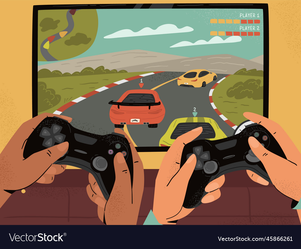 Guys hands holding gamepad front of screen Vector Image