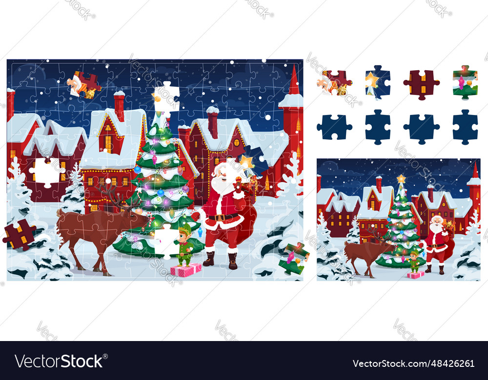 Jigsaw puzzle game pieces christmas landscape Vector Image