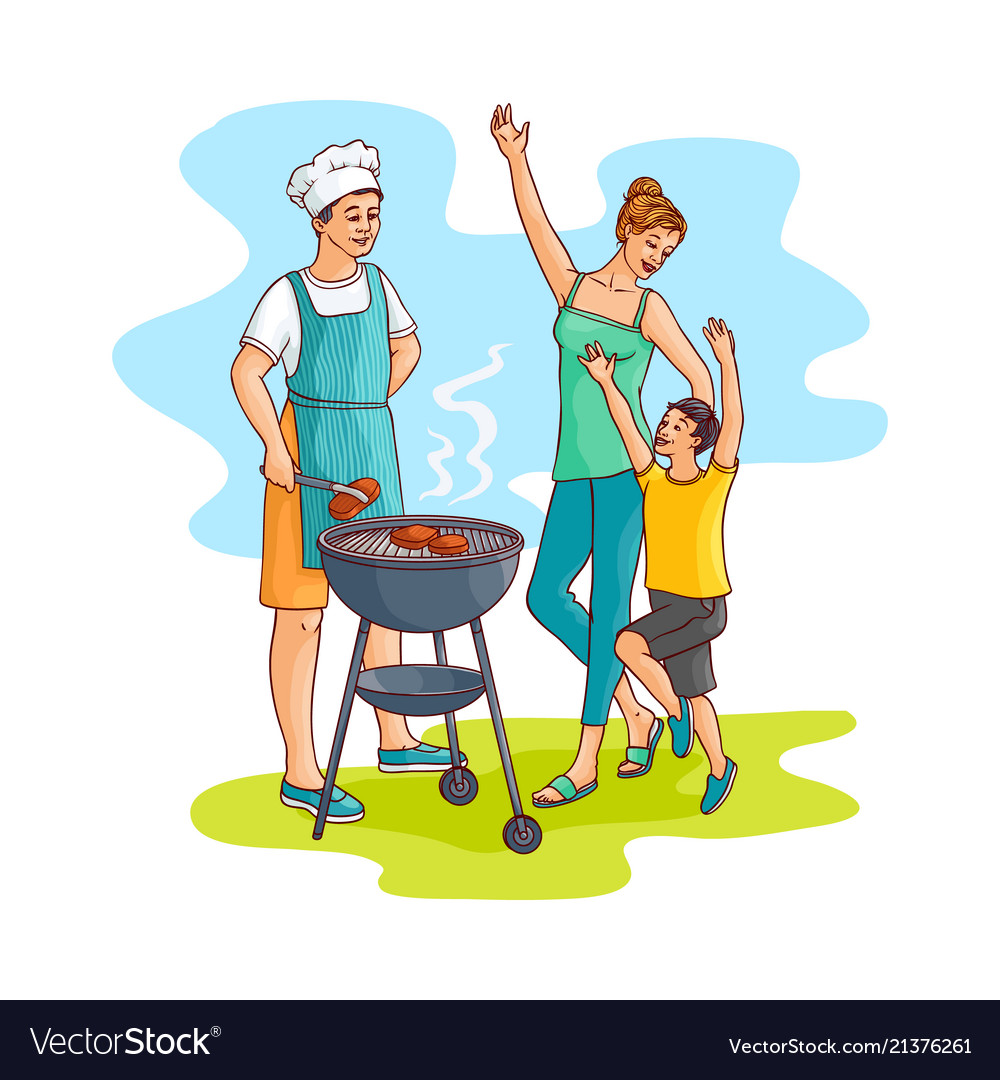 Sketch family at barbecue party Royalty Free Vector Image