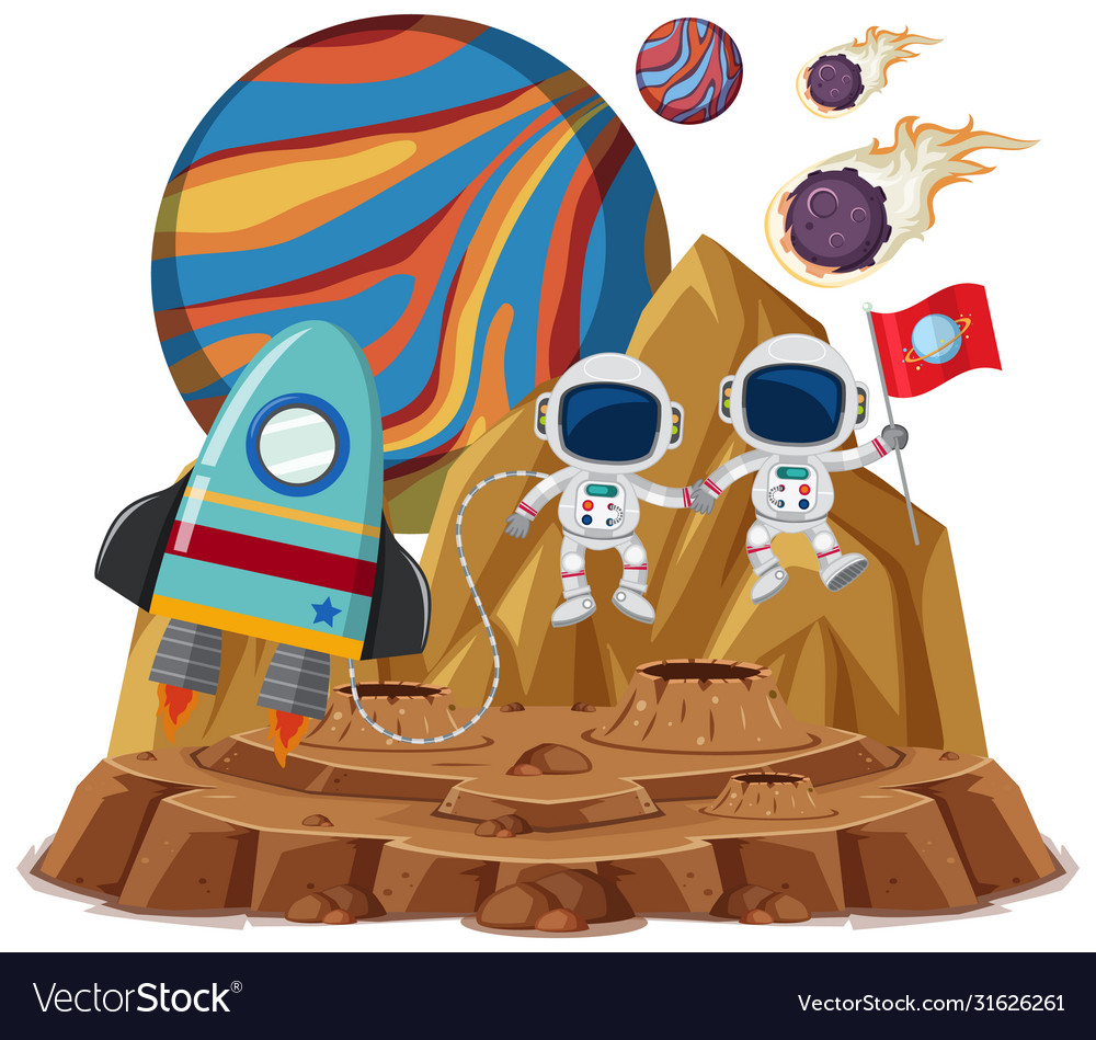 Space theme with astronauts holding flag vector image Space theme with astronauts holding flag