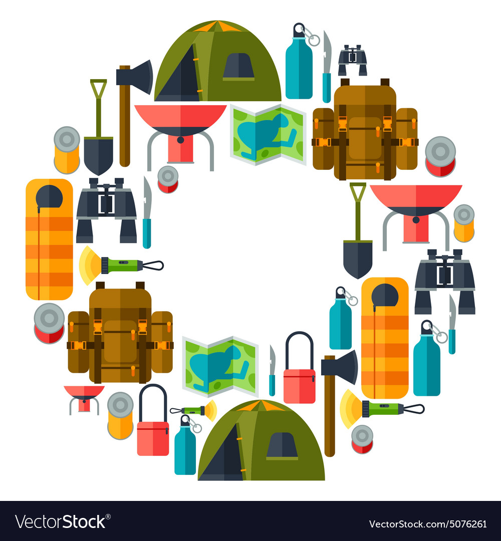 Tourist background with camping equipment in flat