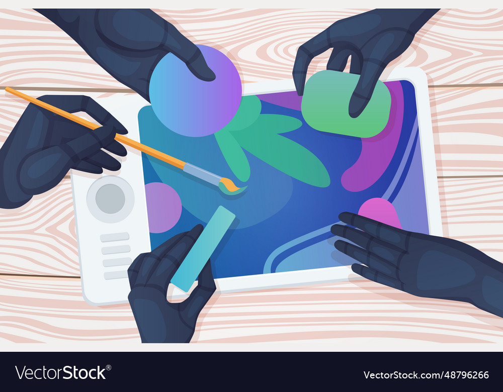Artwork creation with ai robot hands holding vector image Artwork creation with ai robot hands holding