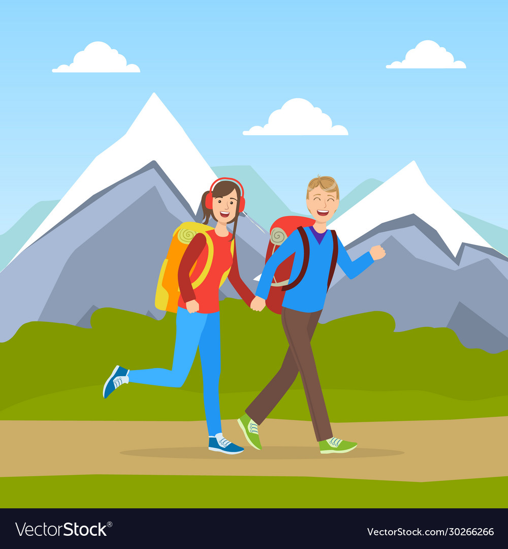 Family couple hiking on nature cheerful tourists Vector Image