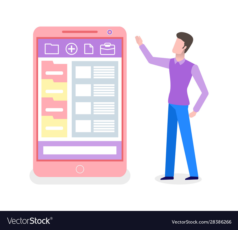 Man and mobile app folders smartphone vector image Man and mobile app folders smartphone