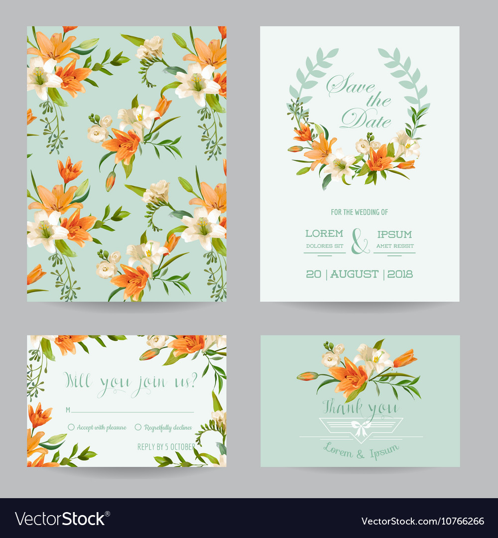 Wedding Invitation Set Autumn Lily Floral Theme Vector Image