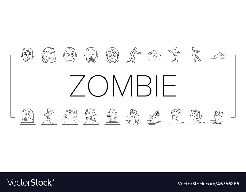 Zombie horror scary dead evil icons set