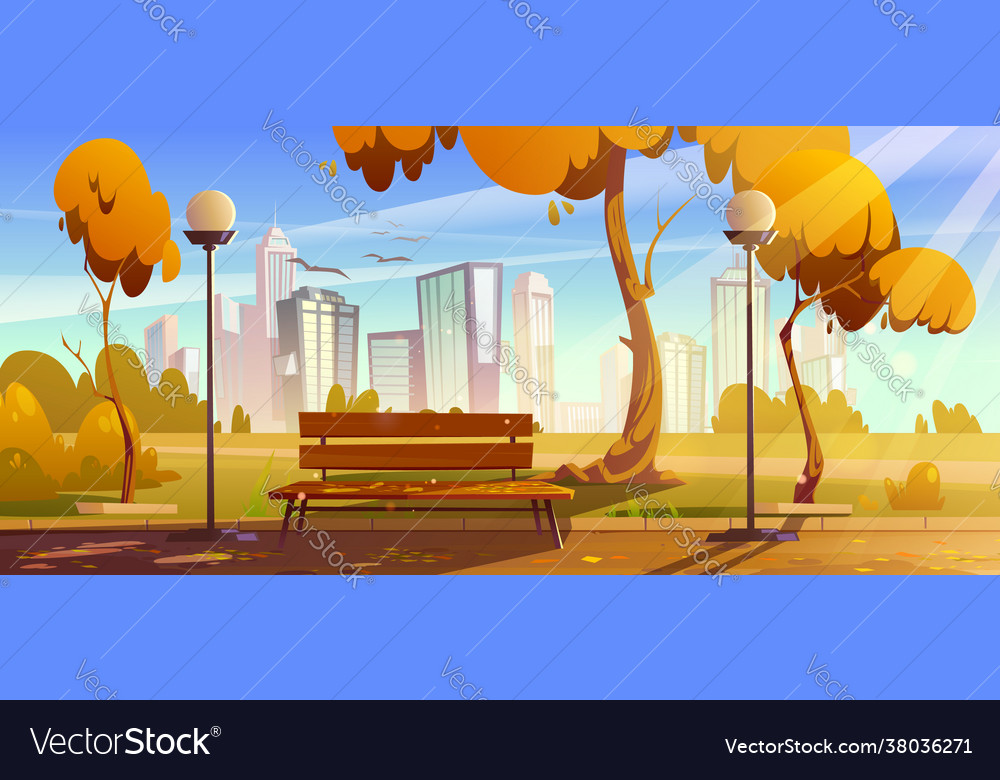 Autumn park with orange trees wooden bench Vector Image