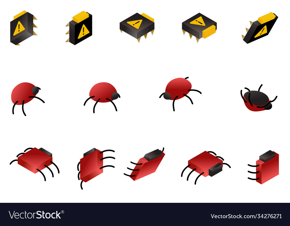 Computer bug isometric icon set isolated on white