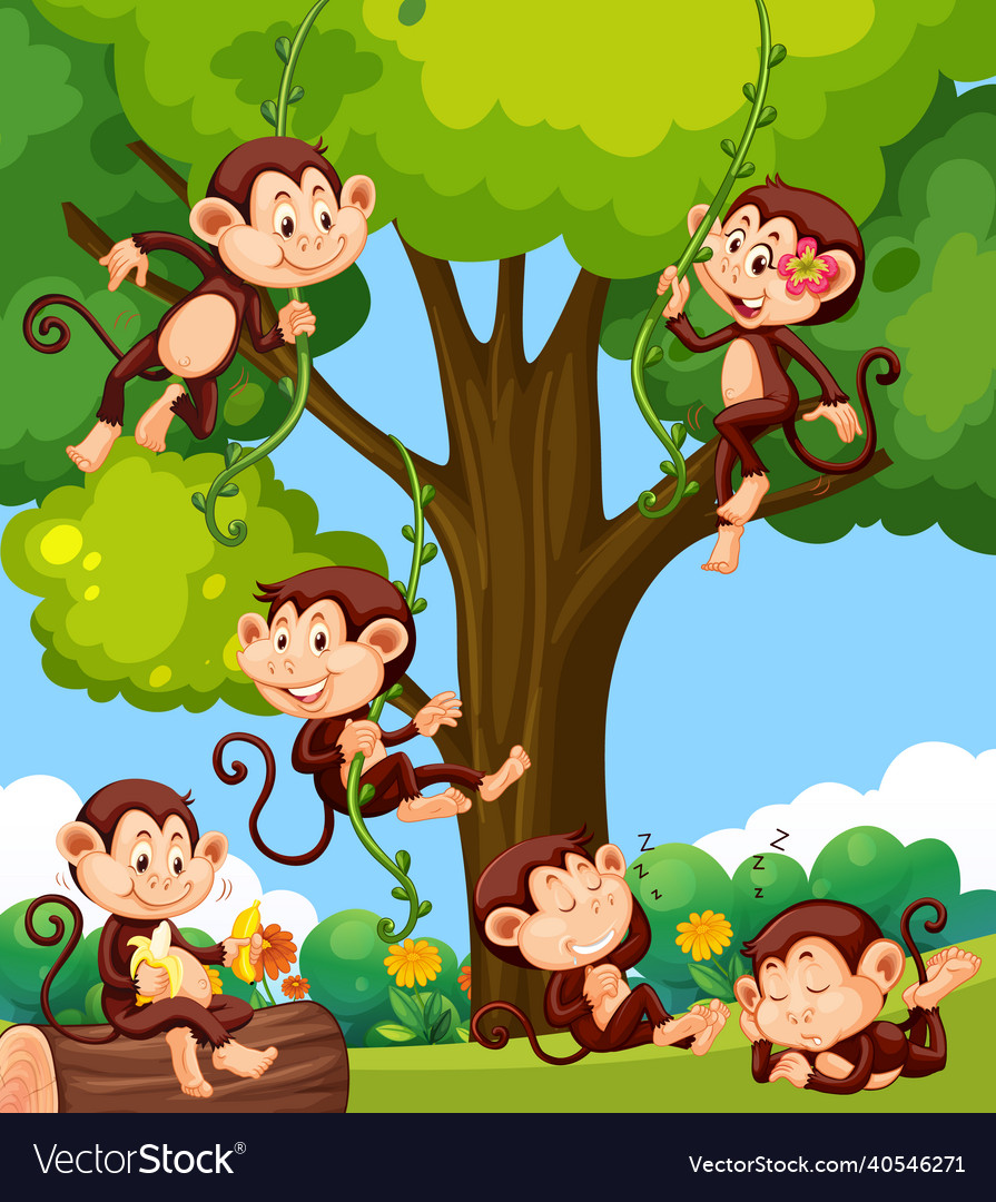 Forest scene with little monkeys doing different Vector Image