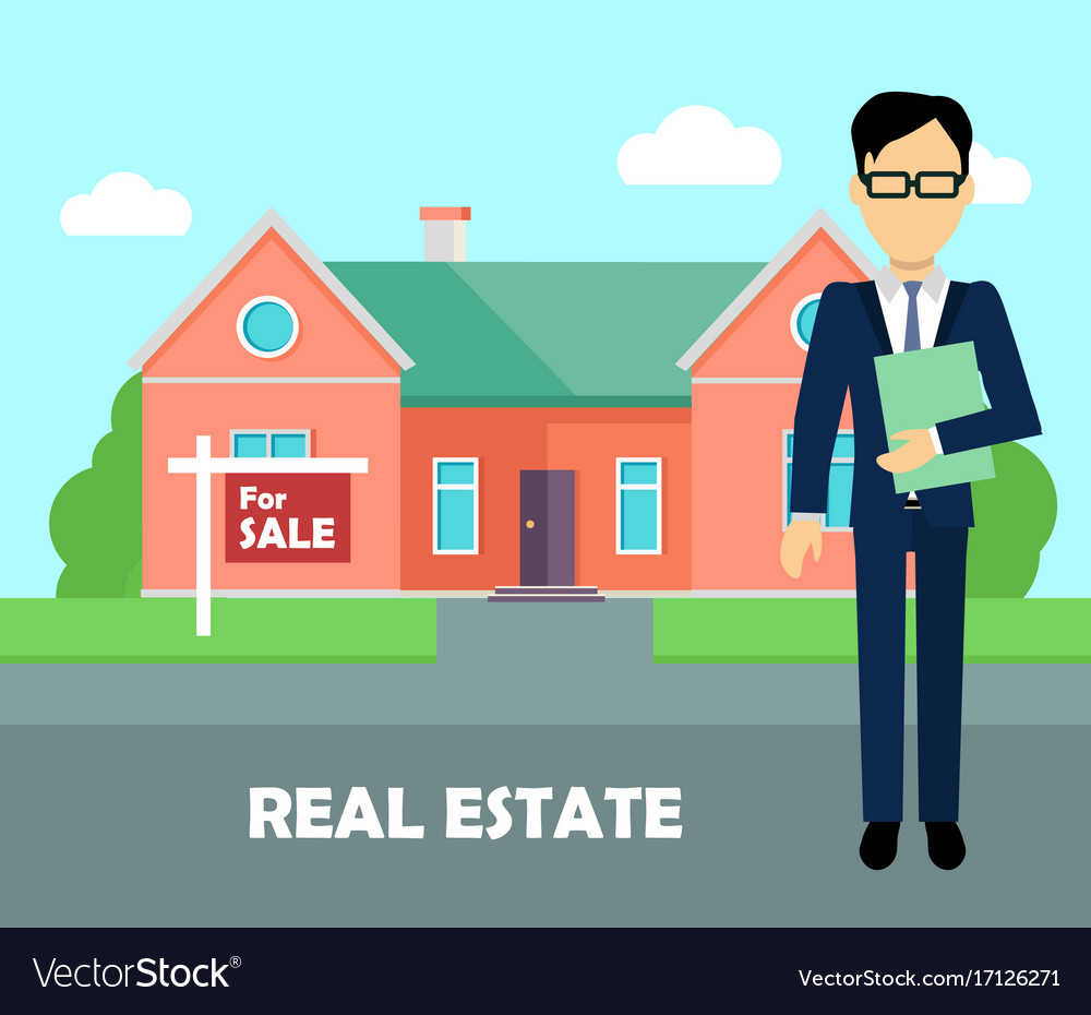 Real estate broker at work building for sale Vector Image