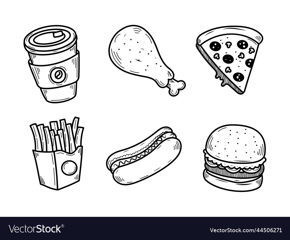 Set of fast foods with hand drawn style vector image Set of fast foods with hand drawn style
