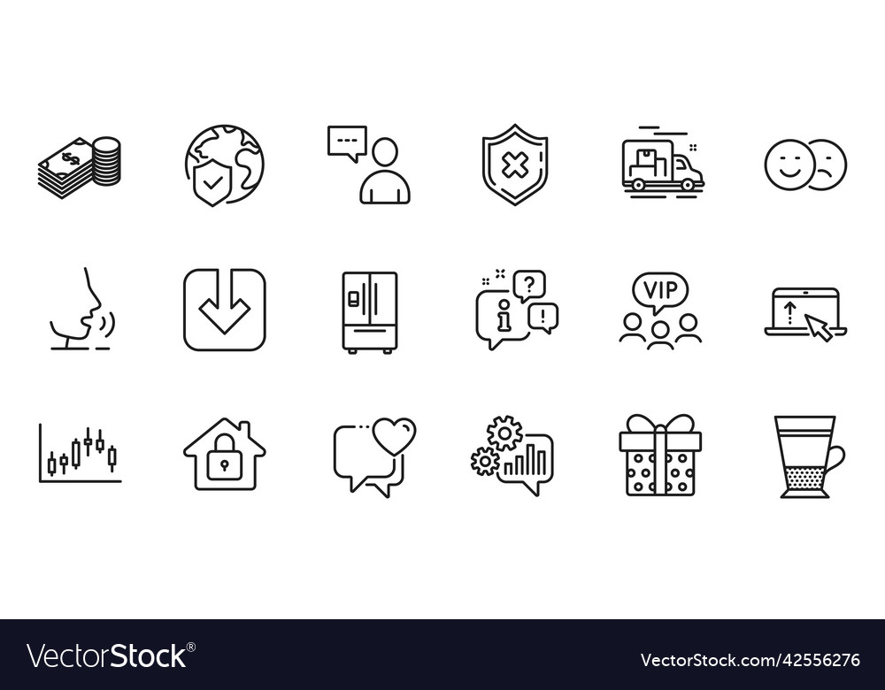 Outline set of users chat cogwheel and like line vector image Outline set of users chat cogwheel and like line