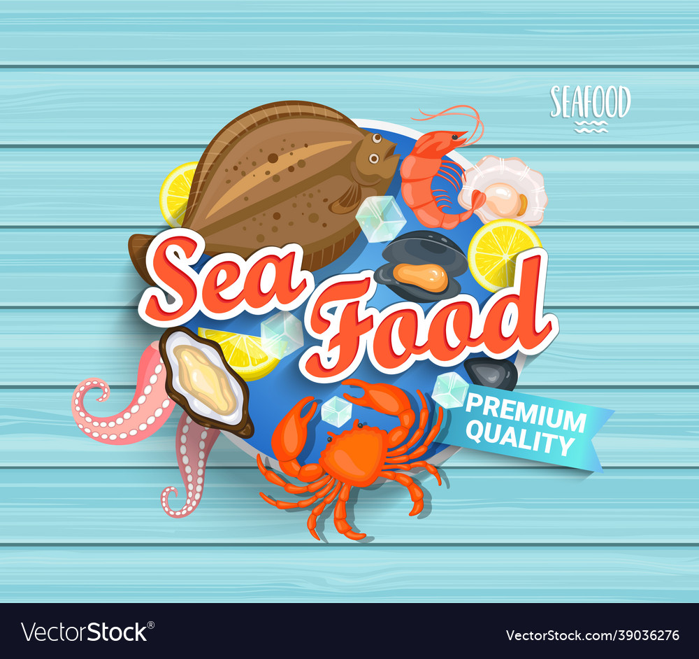 Seafood label on blue wooden background vector image Seafood label on blue wooden background