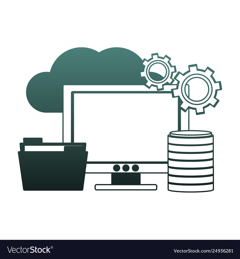 Computer with folder in cloud blue lines