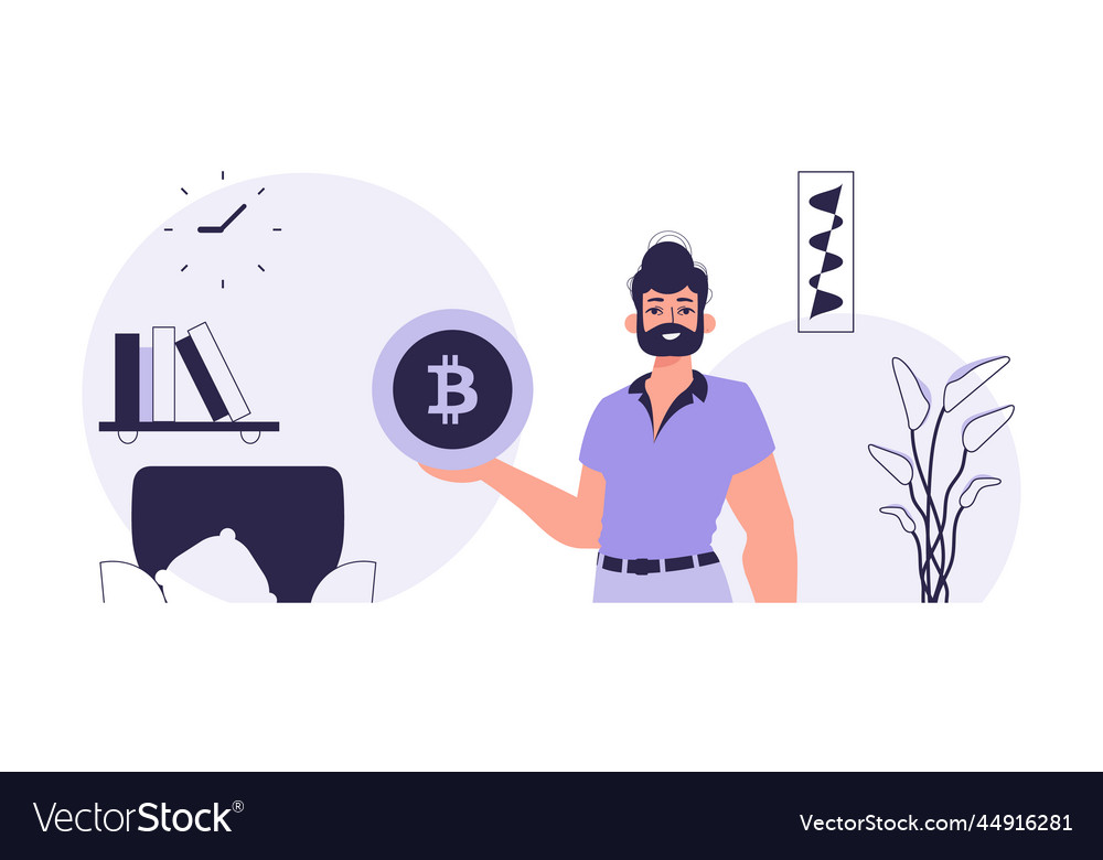 Concept of mining and extraction bitcoin a man vector image Concept of mining and extraction bitcoin a man