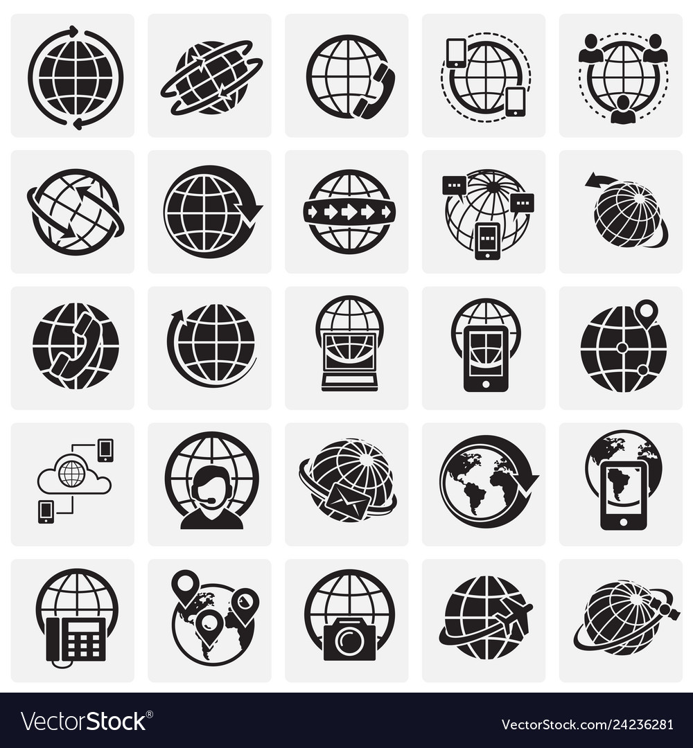 Globe related icons set on squares background