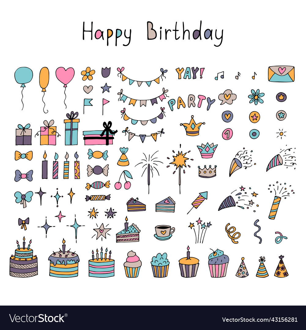 Set of hand drawn birthday party design elements