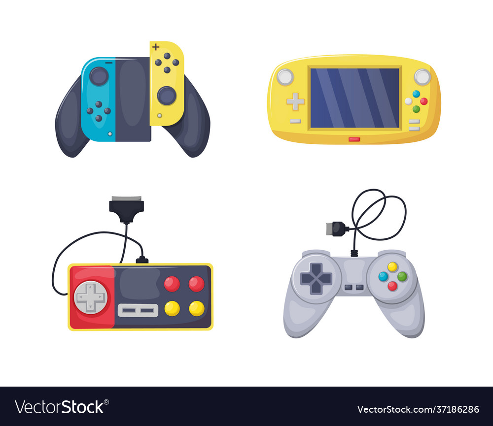 Game console objects set gamepad playing joystick Vector Image