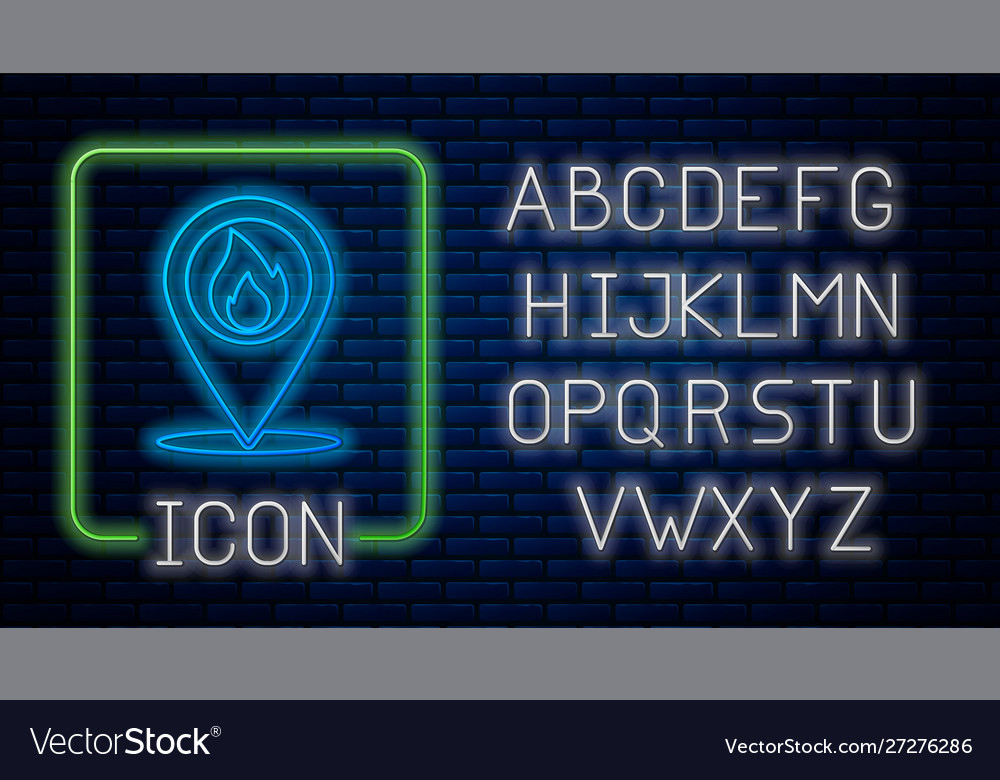 Glowing neon map pointer with fire flame icon vector image Glowing neon map pointer with fire flame icon