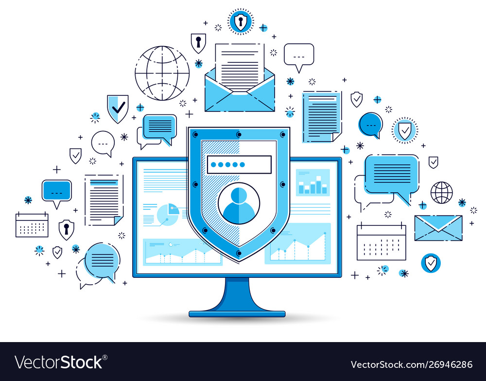 Shield over computer monitor and set icons vector image Shield over computer monitor and set icons