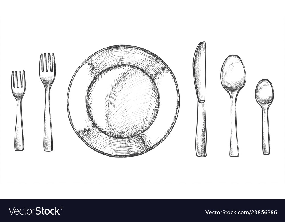 Sketch plate and spoon fork and knife Royalty Free Vector