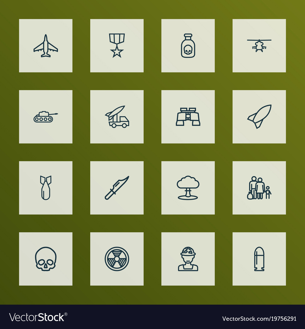 Battle icons line style set with rocket cranium