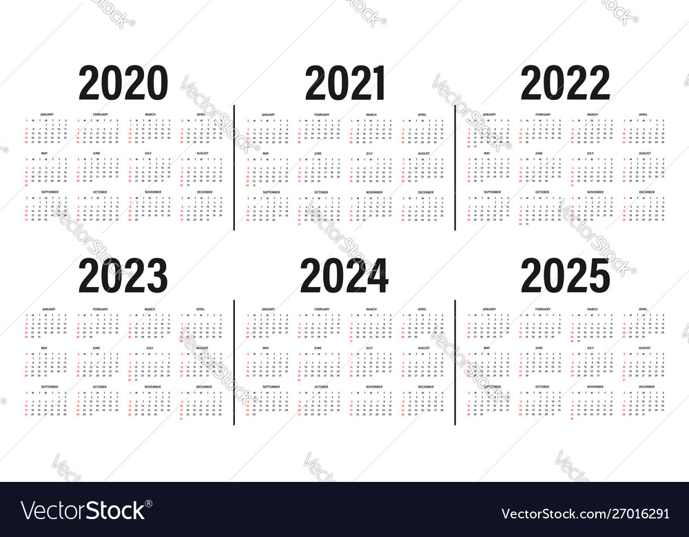 Calendar From 2020 To 2025 Years Template Vector Image