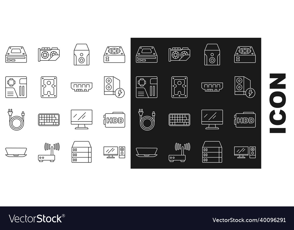 Set line computer monitor hard disk drive hdd vector image Set line computer monitor hard disk drive hdd