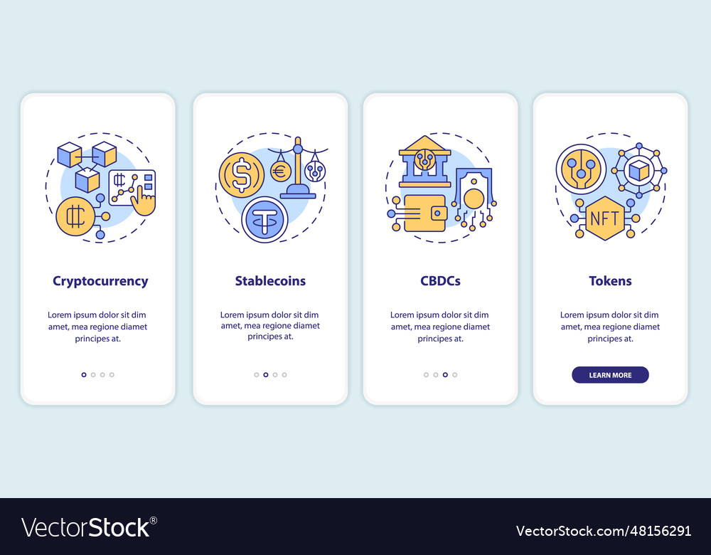 Walkthrough digital currency with linear icons vector image Walkthrough digital currency with linear icons