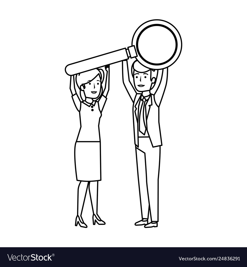 Young business couple with magnifying glass