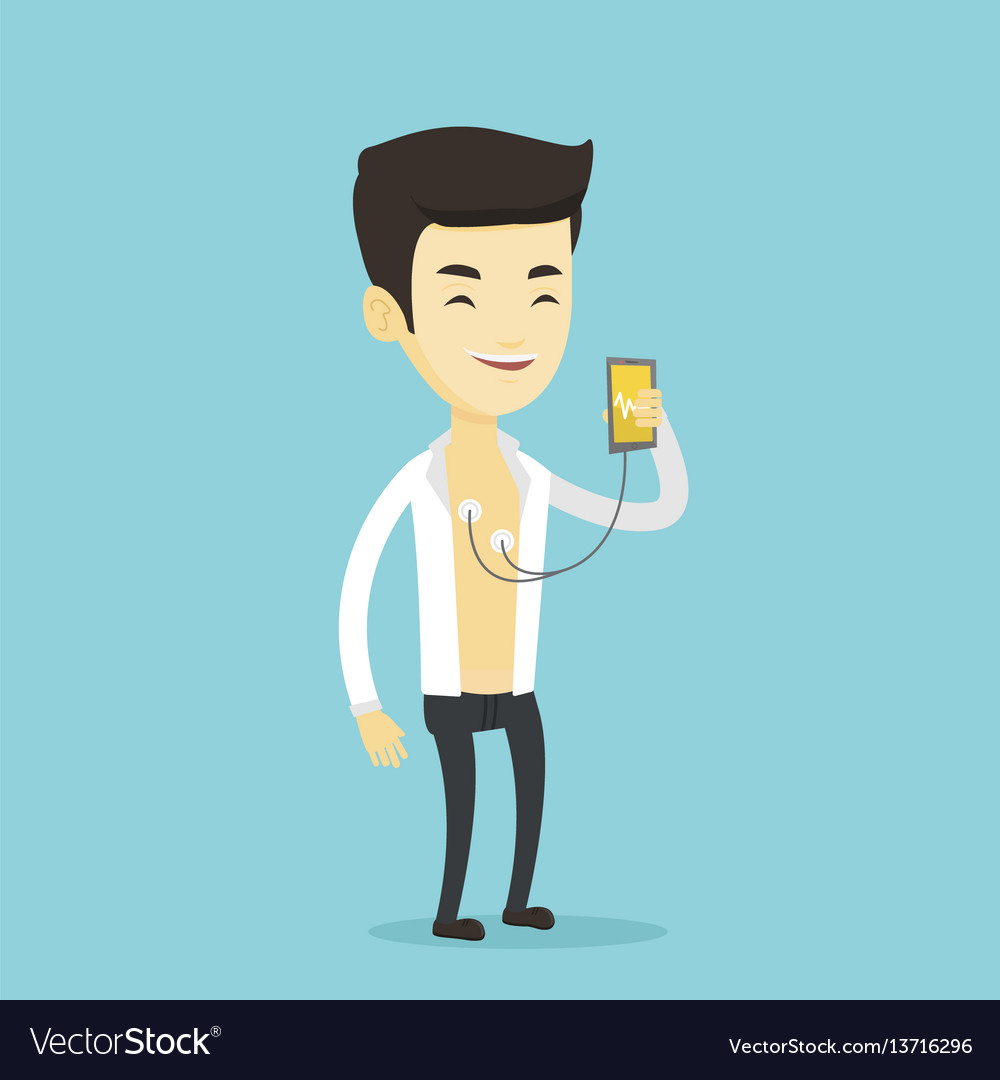 Man measuring heart rate pulse with smartphone