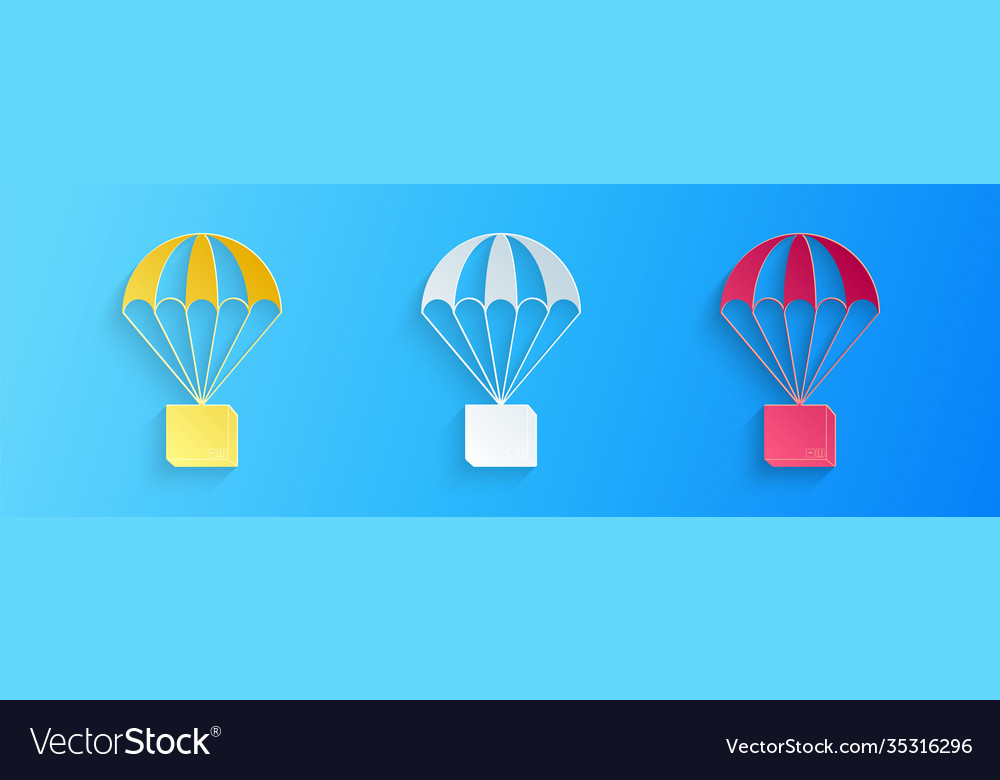 Paper cut box flying on parachute icon isolated