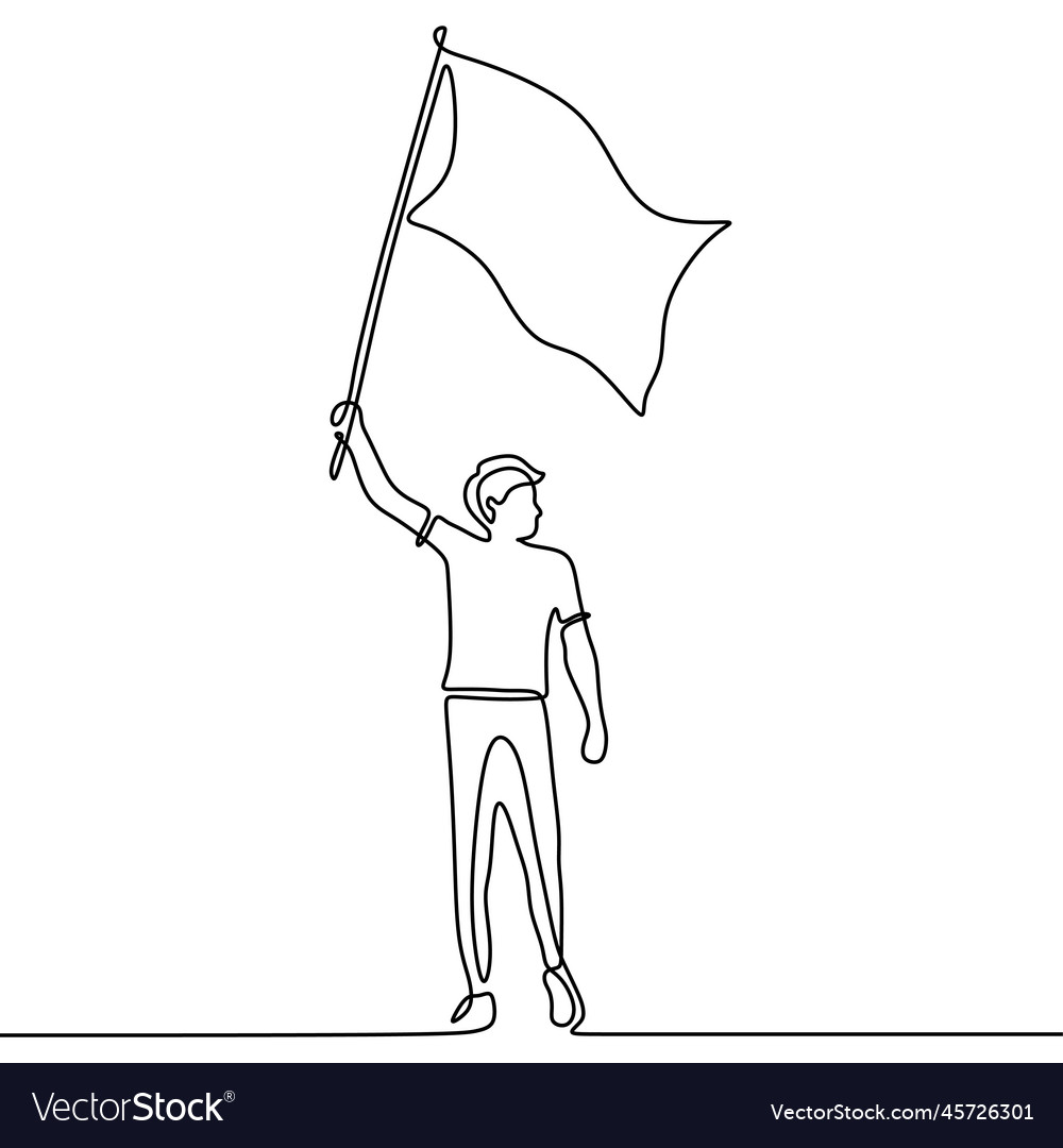 Continuous line drawing of person with flag