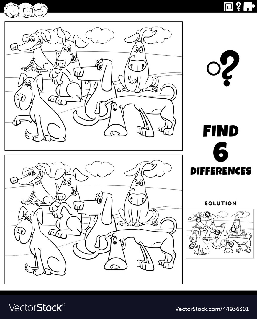 Differences game with cartoon dogs coloring page Vector Image