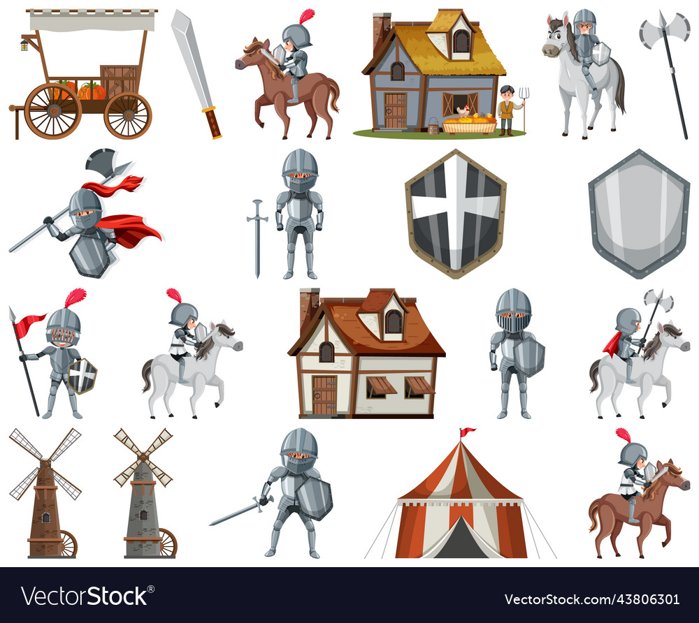 Medieval cartoon characters and objects