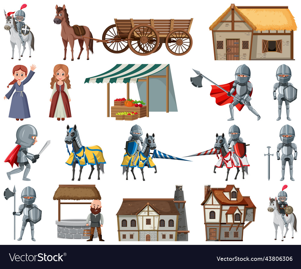 Medieval cartoon characters and objects