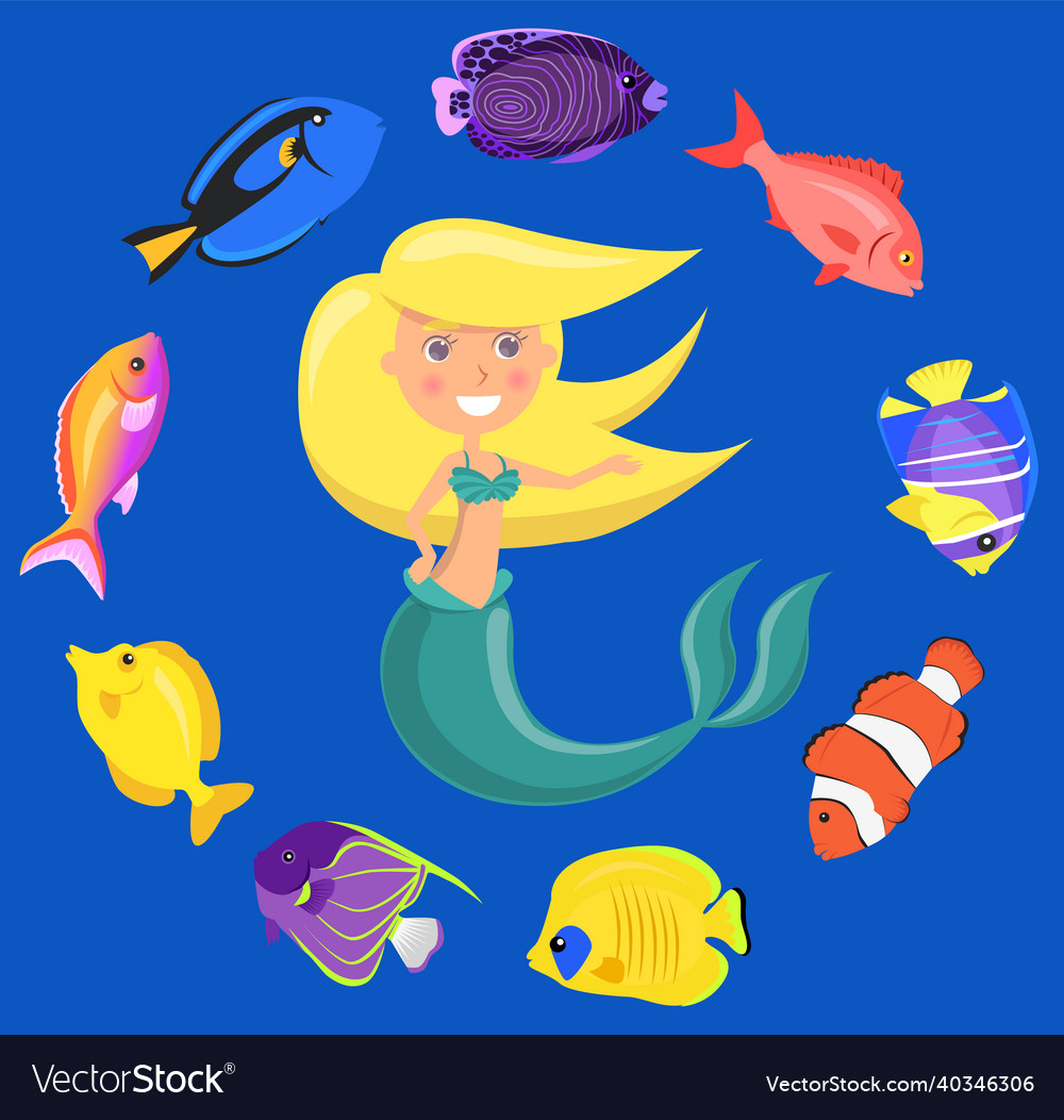 Mermaid with group of colored fish and swims