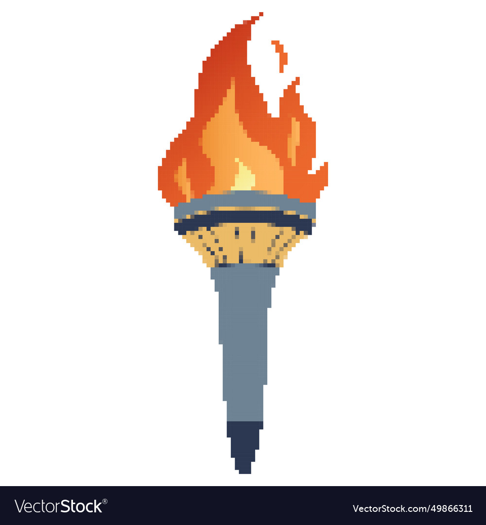 Pixel flaming torch cartoon withe flame