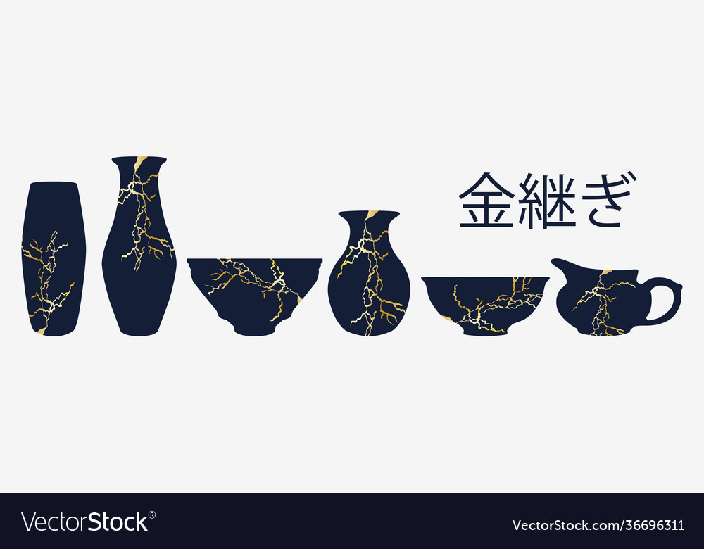 Renovated kintsugi japanese vase art color sketch Vector Image