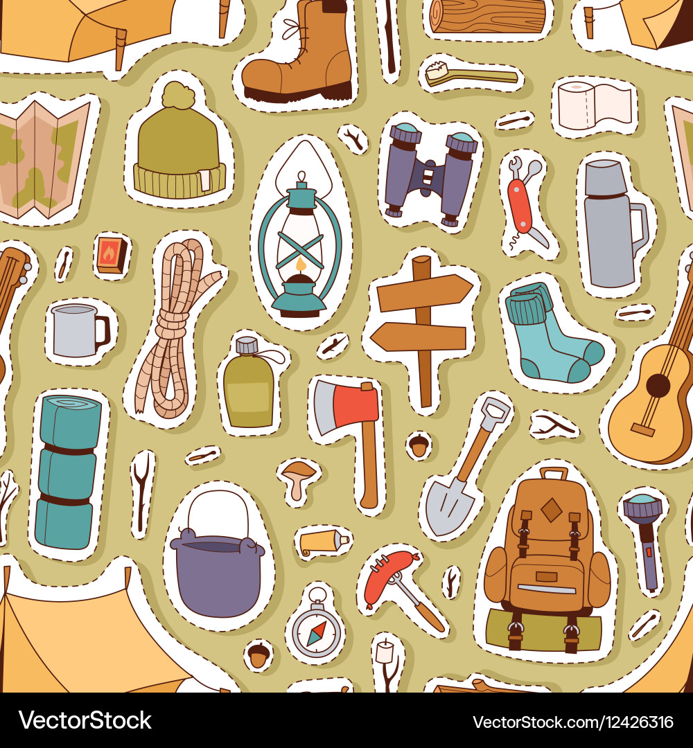 Camping stickers seamless pattern Royalty Free Vector Image