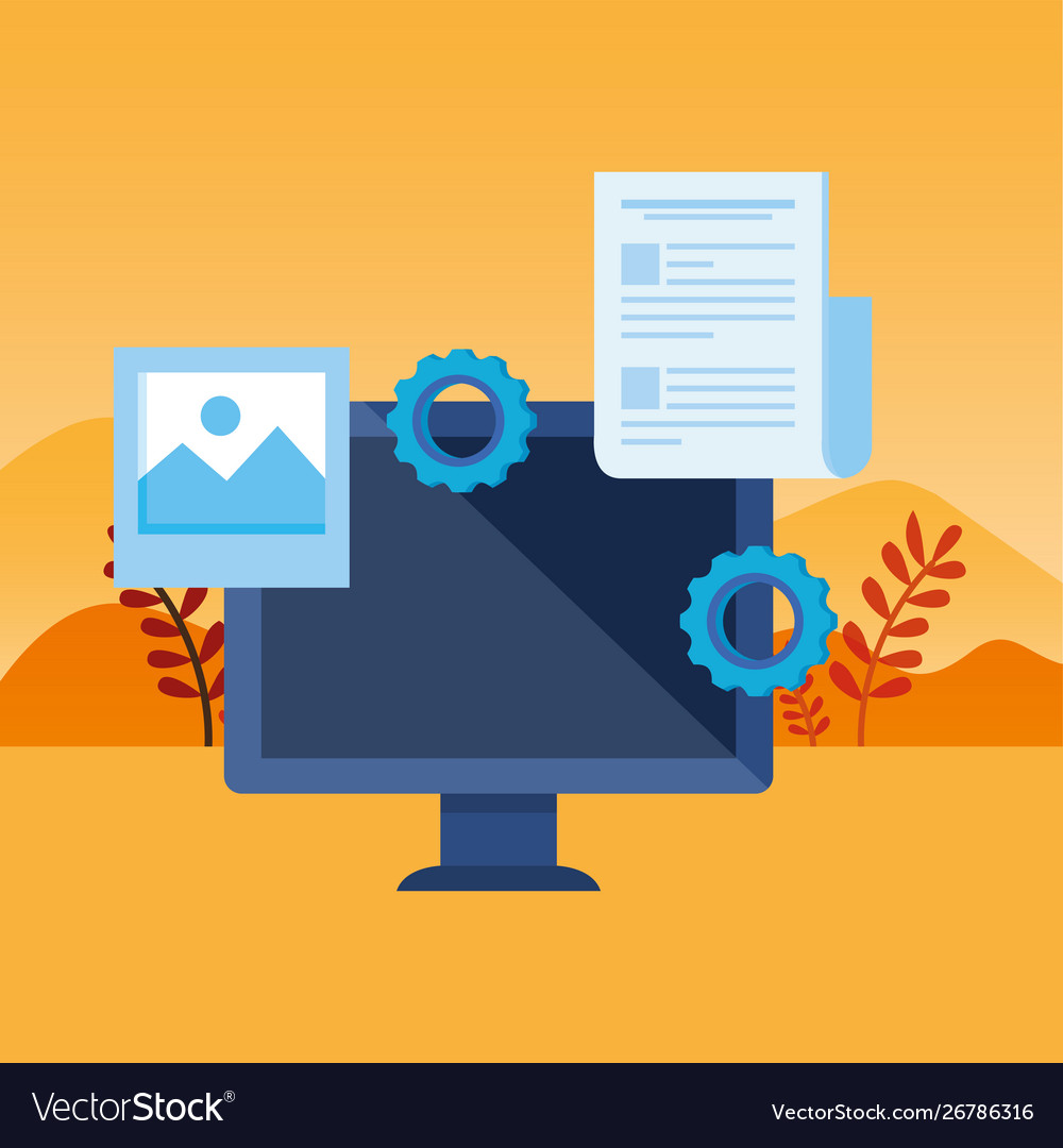 Desktop computer with gears settings vector image Desktop computer with gears settings