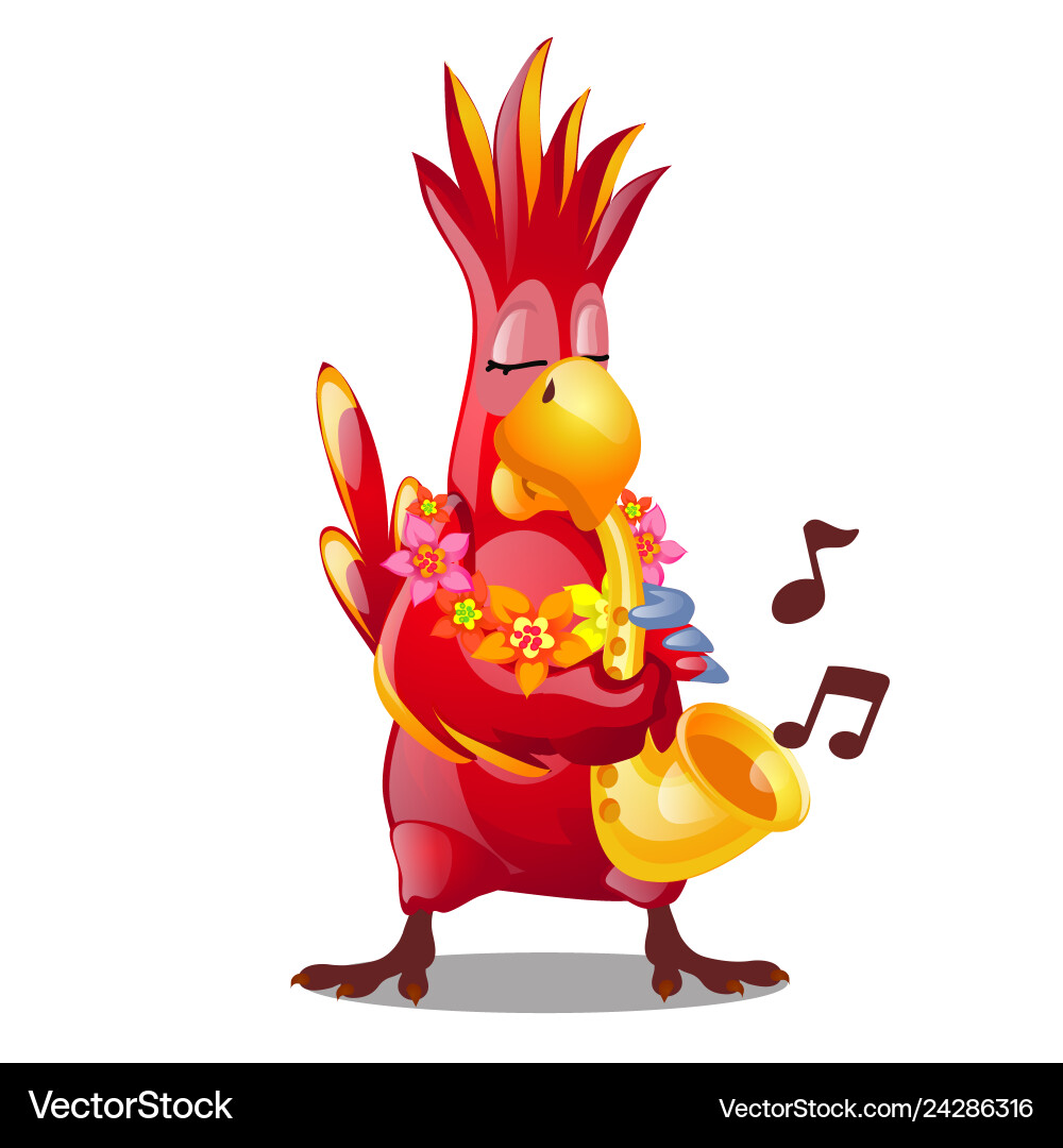 Funny red parrot playing a wind musical instrument