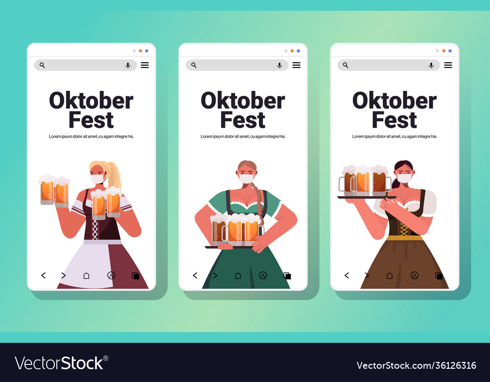 Set women in masks holding beer mugs oktoberfest