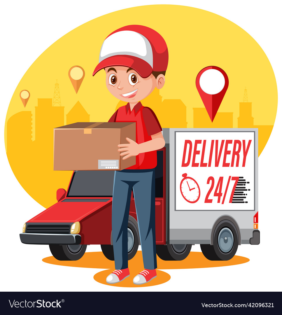 Courier man holding package box in cartoon style vector image Courier man holding package box in cartoon style