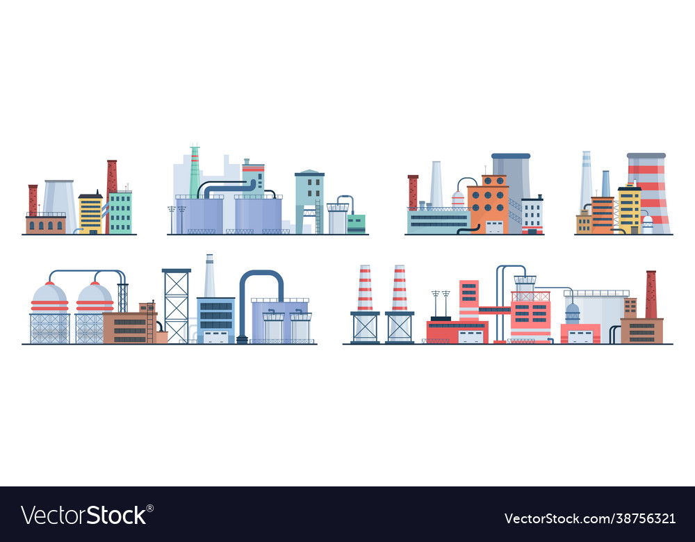 Set factory industry buildings flat icons Vector Image